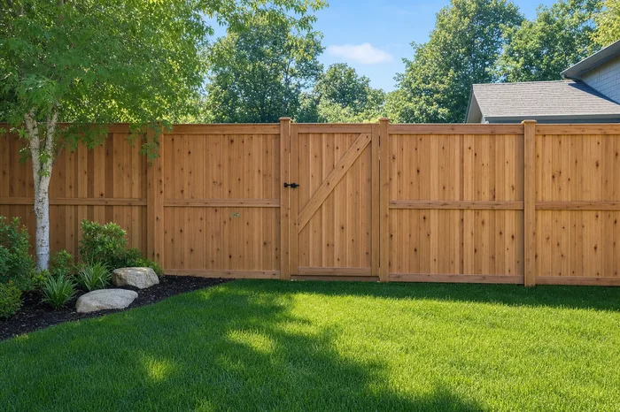 Repaired cedar privacy fence and matching gate