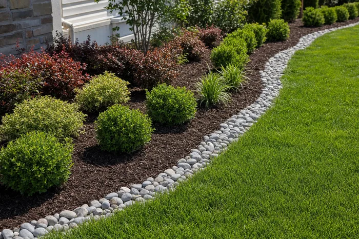 Garden bed refreshed with dark mulch and river rock border