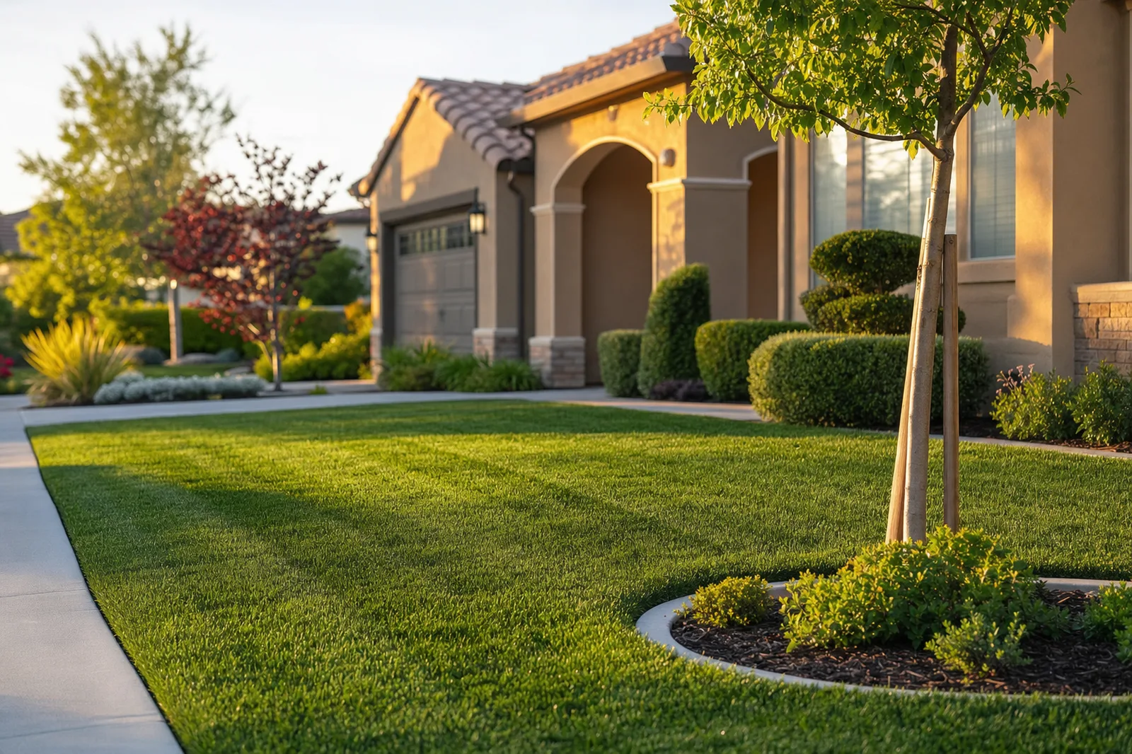 Freshly mowed, edged front lawn on a home in the Roseville, CA area